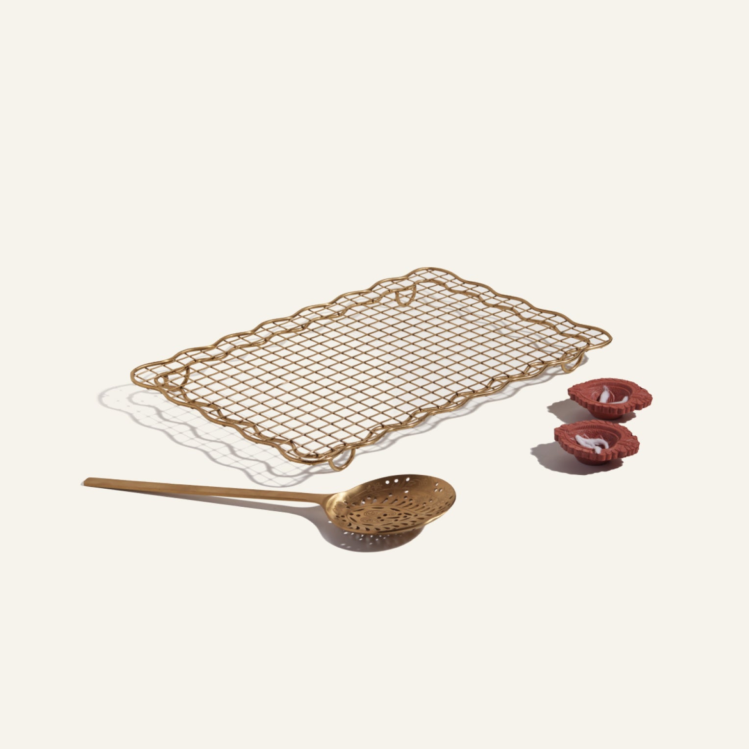 Golden Fry Set for Indian Sweets & Snacks – Skimmer Spoon & Cooling Rack